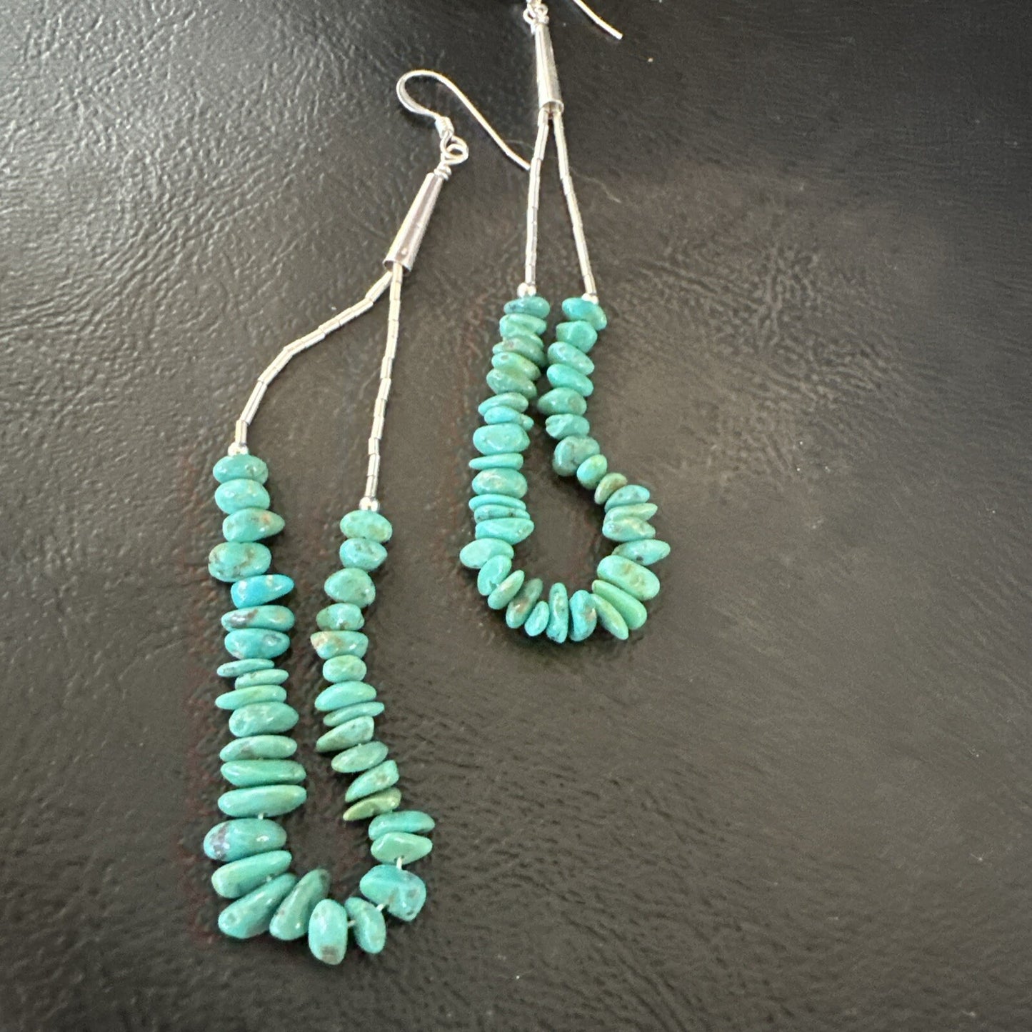 Long Blue Turquoise Nugget Bead Sterling Silver Beads Navajo Earrings 3” 18096