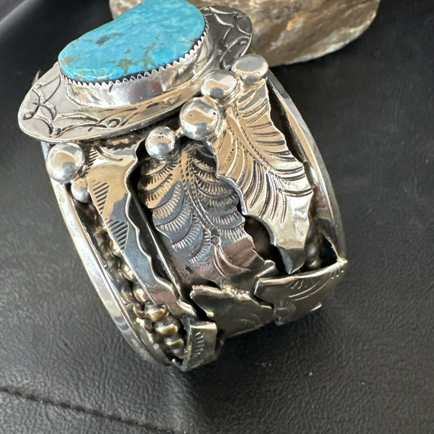 Blue Turquoise Navajo Sterling Silver Cuff Bracelet 12K Gold 19131