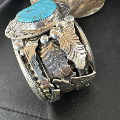 Blue Turquoise Navajo Sterling Silver Cuff Bracelet 12K Gold 19131