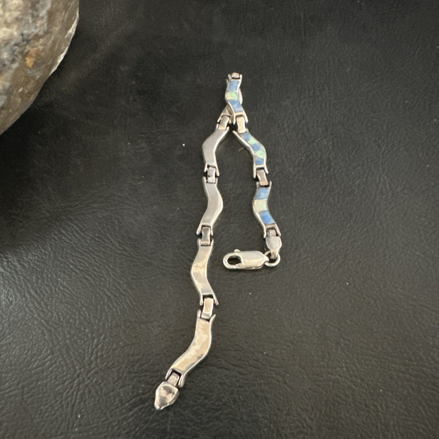 Native Womens Blue Opal Lapis Inlay Link Bracelet 7" Sterling Silver 17726