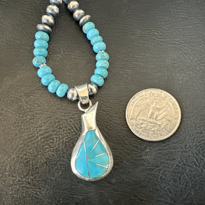 Pottery Blue Kingman Turquoise Pendant Navajo Sterling Silver Necklace 21" 18378
