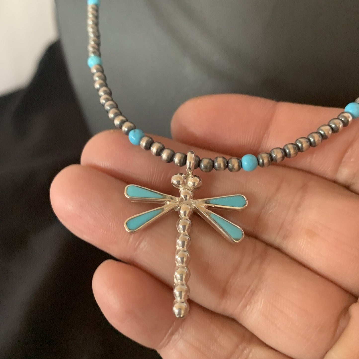 Blue Turquoise Dragonfly Pendant Zuni Sterling Silver Necklace 12058