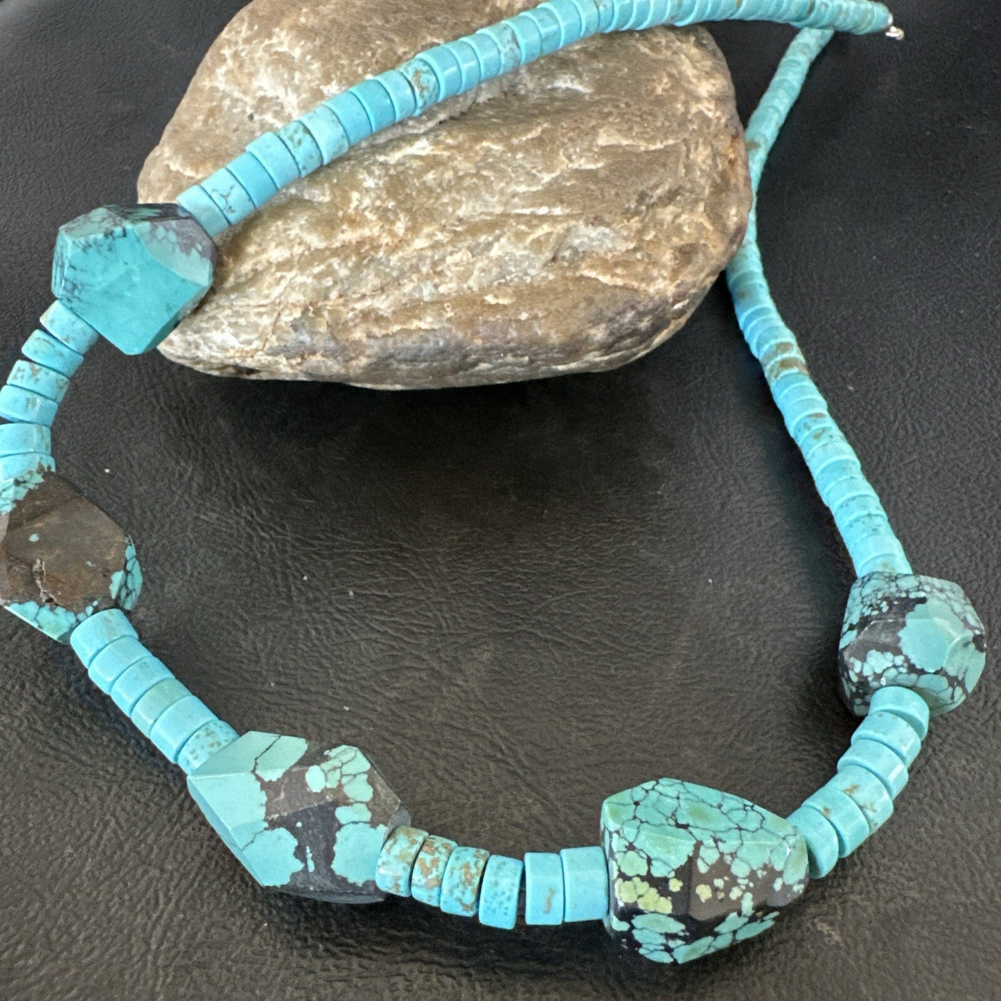 Native Turquoise Nugget Heishi Bead Navajo Sterling Silver Necklace 17807
