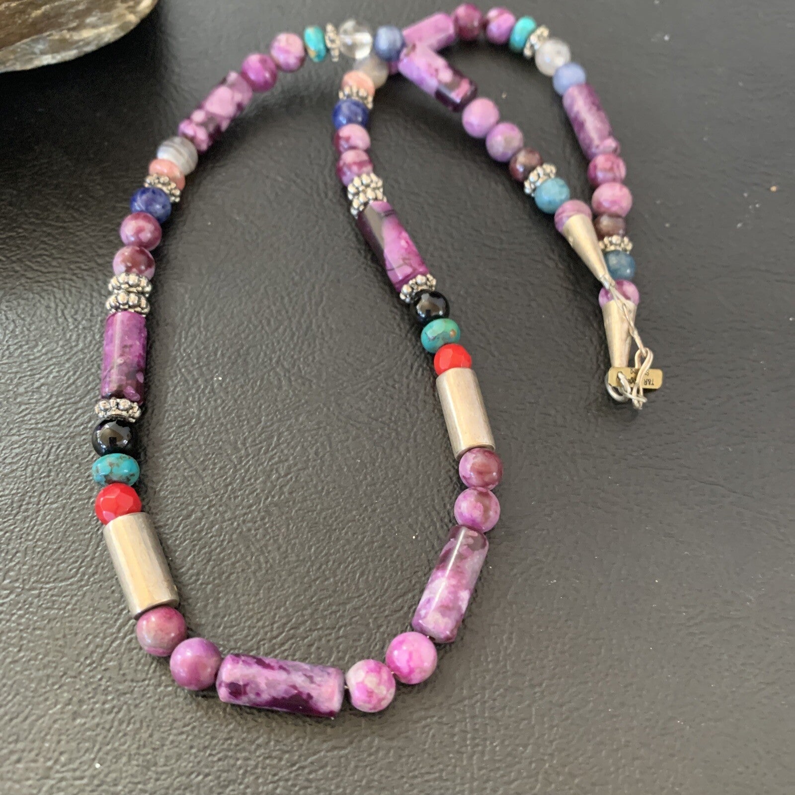 Turquoise Purple Stone & Coral Beads Navajo Sterling Silver Necklace 10391