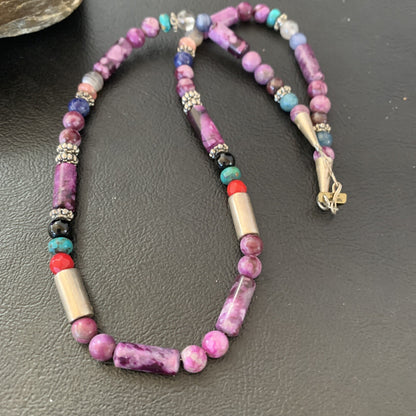 Turquoise Purple Stone & Coral Beads Navajo Sterling Silver Necklace 10391