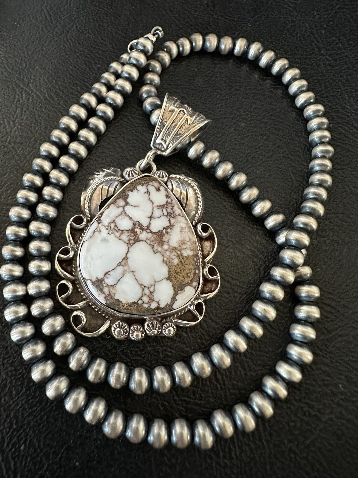 Navajo Pearls Sterling Silver Wild Crazy Horse Turquoise Necklace Pendant 19390
