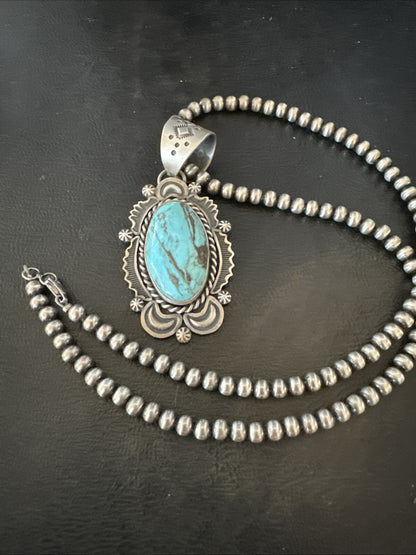 Mens Womens Blue Turquoise Pendant Sterling Silver Beads Sterling Necklace 18649