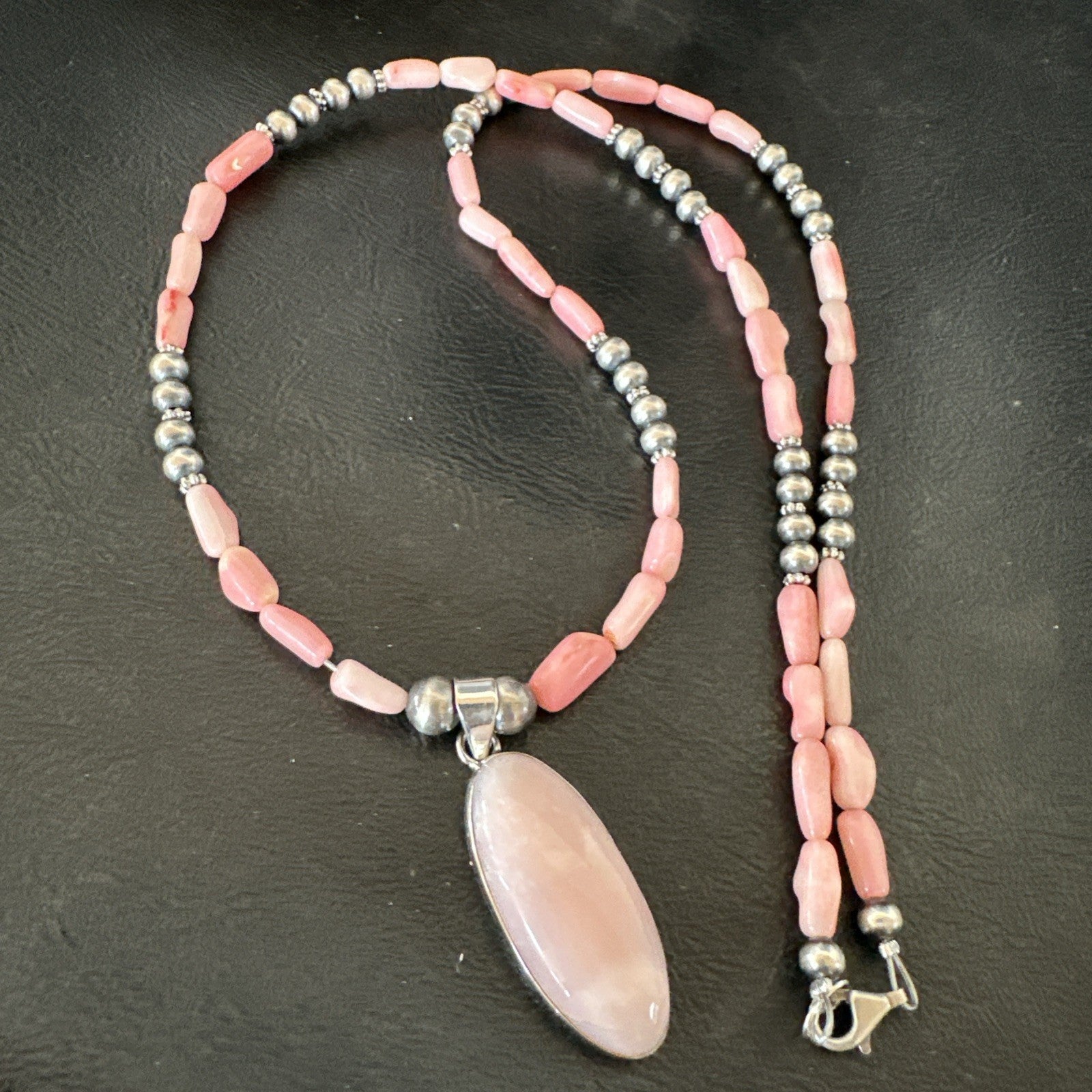 Southwestern Sterling Silver Pink Coral Bead Necklace Quartz Pendant 24" 19585