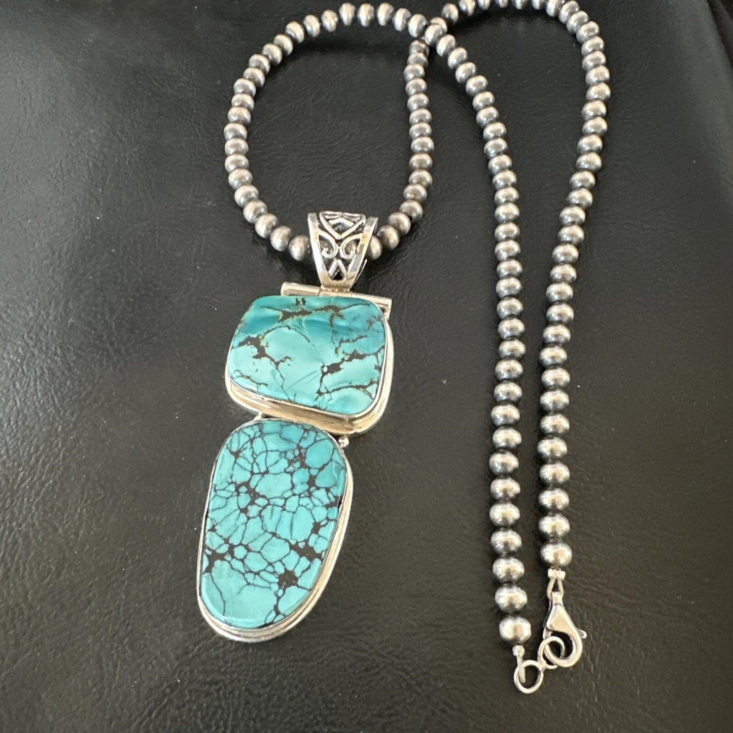 Blue Spiderweb Turquoise Pendant Navajo Pearls Sterling Silver Necklace 16008
