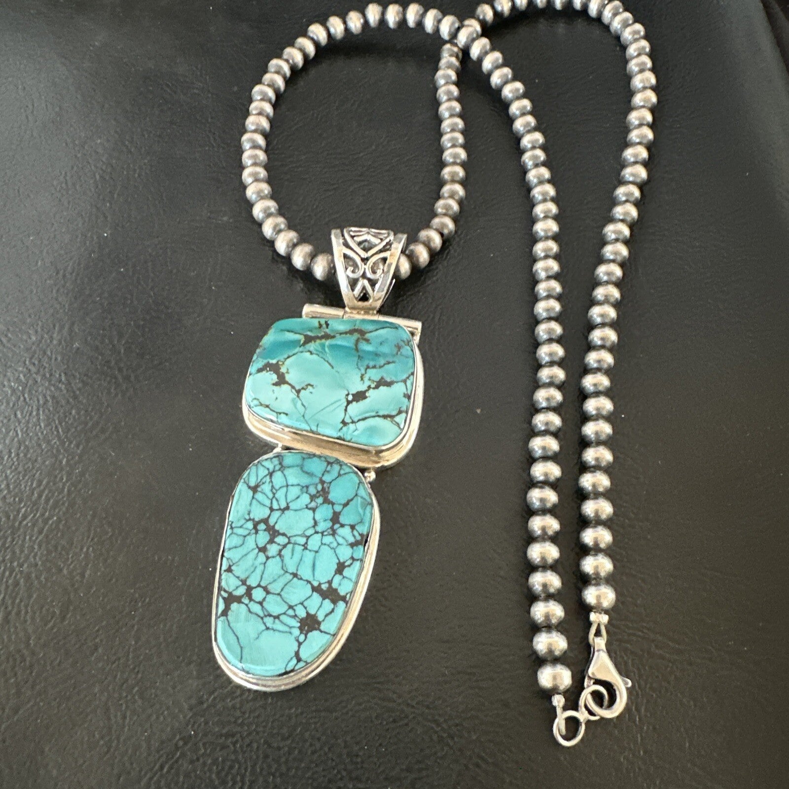 Blue Spiderweb Turquoise Pendant Navajo Pearls Sterling Silver Necklace 16008