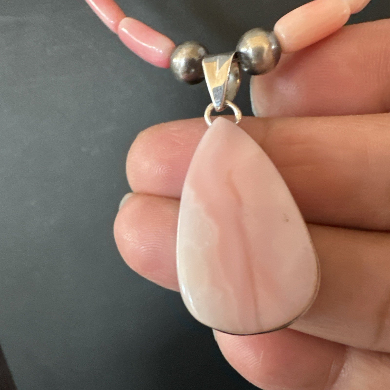 Southwestern Sterling Silver Pink Coral Bead Necklace Quartz Pendant 24" 19590