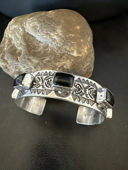 Mens Womens Navajo Sterling Silver Black Onyx Cluster Cuff Bracelet 7.75" 19431