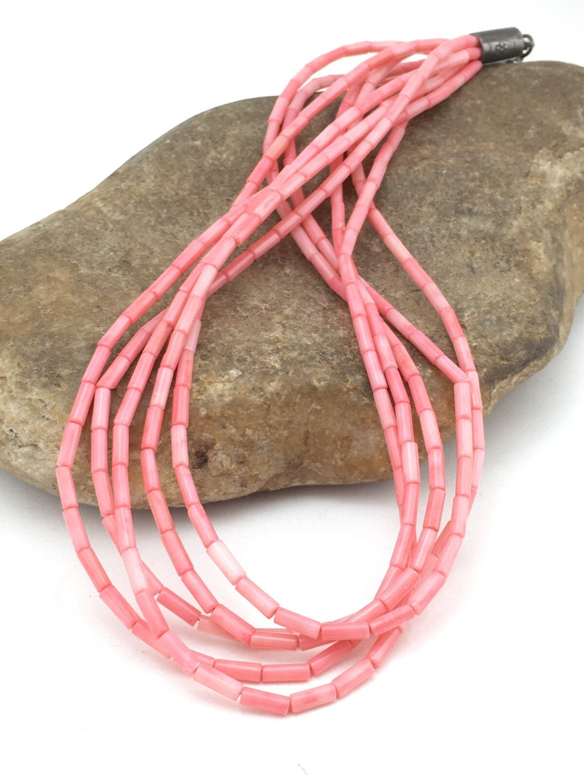 Pink Coral Tube Heishi Bead 5 Strand Navajo Sterling Silver Necklace 19" 1102