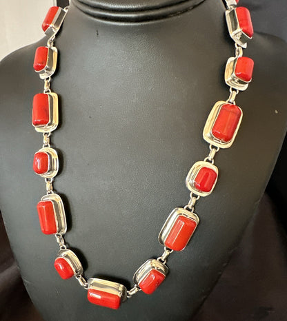 Handmade Women Red Coral Choker Necklace Pendant Sterling Silver 20” 18412