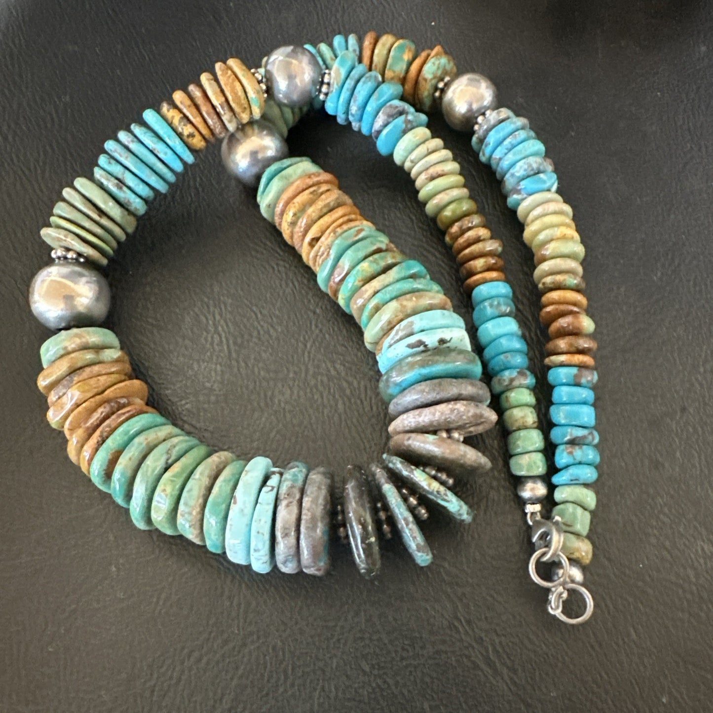 Blue Green Turquoise Navajo Sterling Silver Beads Necklace 20” 19176