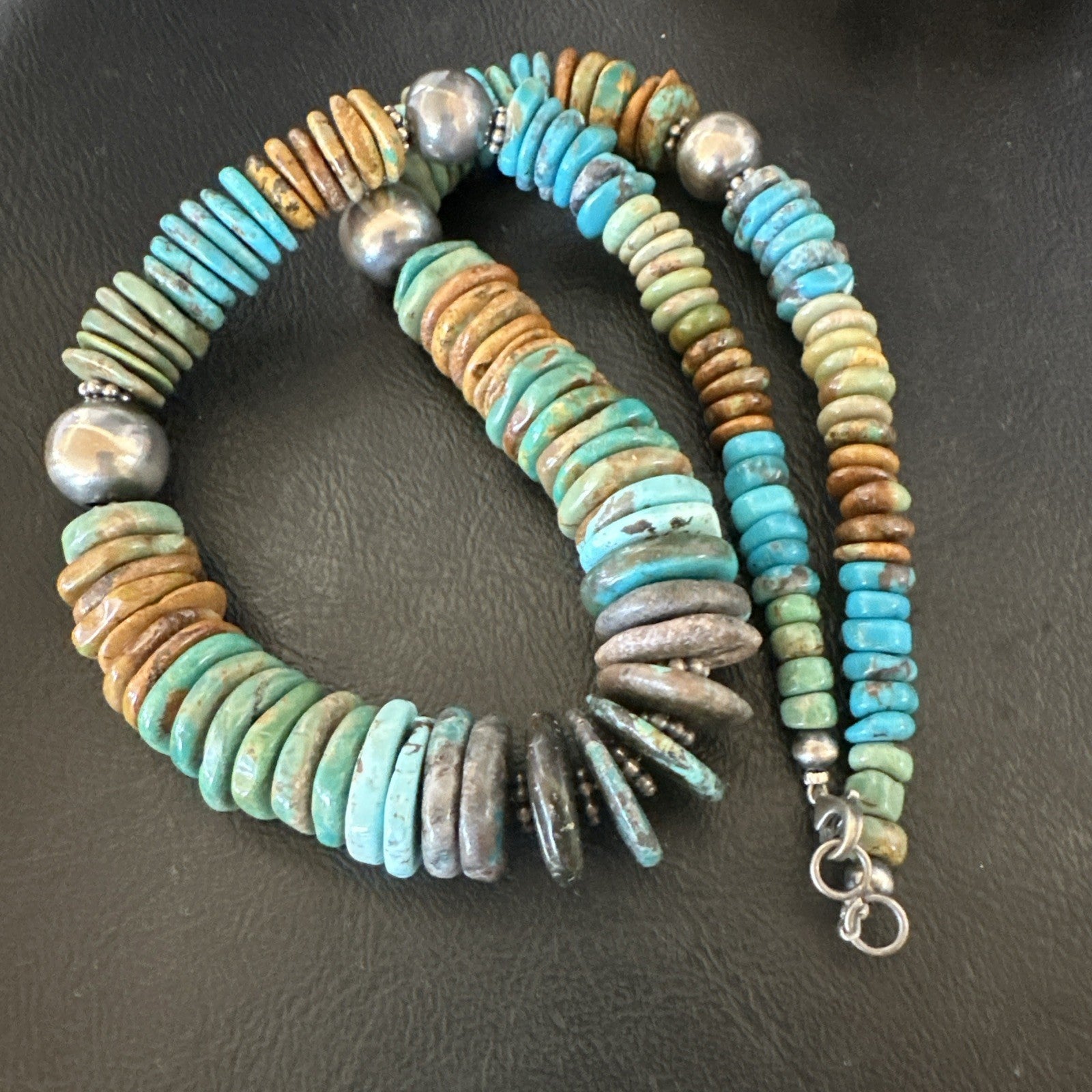 Blue Green Turquoise Navajo Sterling Silver Beads Necklace 20” 19176