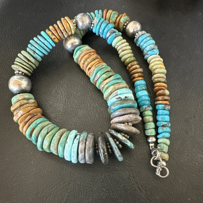 Blue Green Turquoise Navajo Sterling Silver Beads Necklace 20” 19176