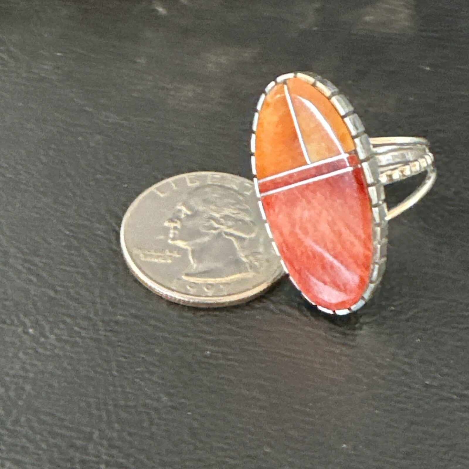 Women Orange Red Spiny Oyster Navajo Sterling Silver Ring Sz 8.5 17798