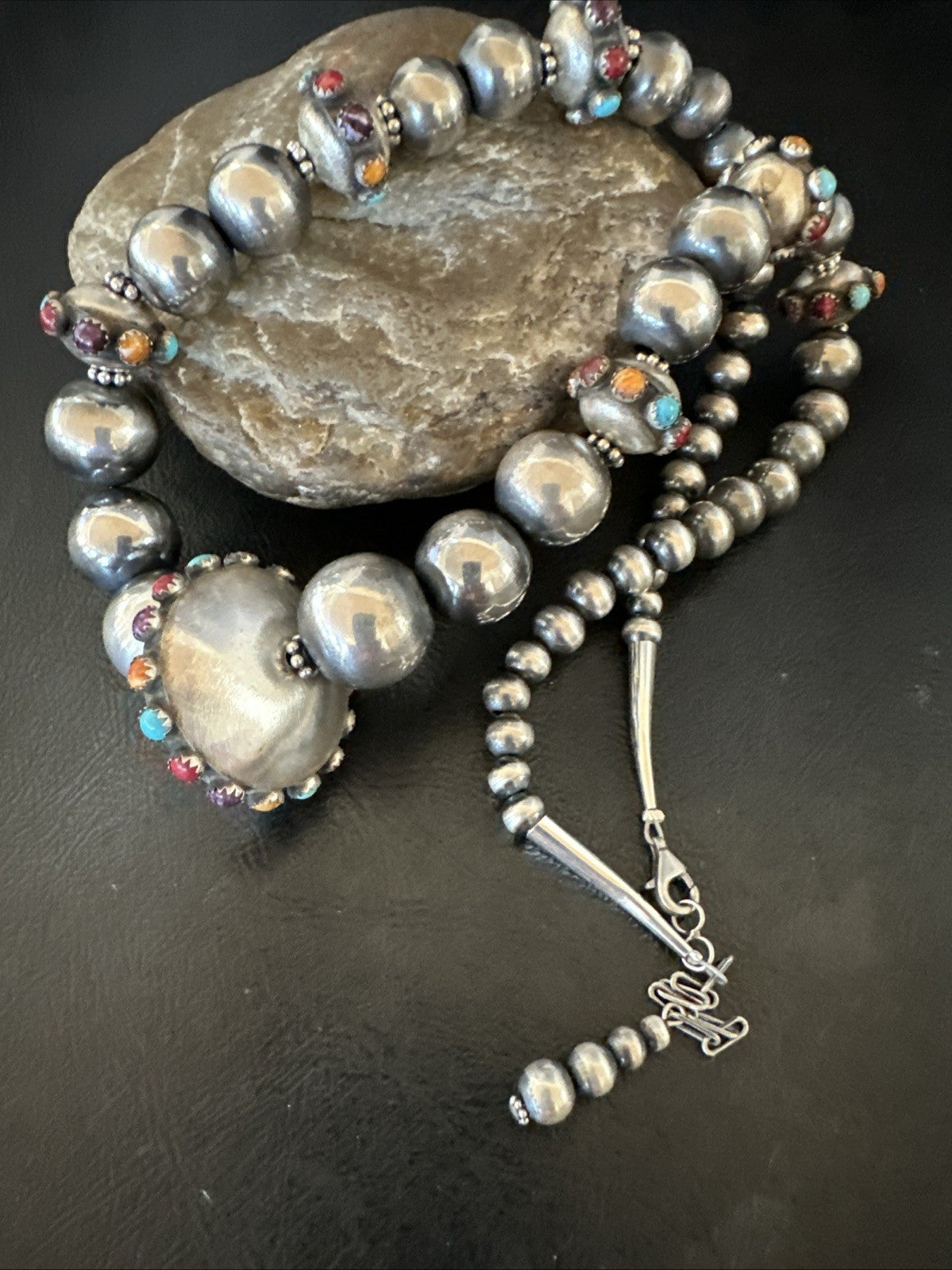 Multicolor Spiny Navajo Pearls Turquoise Sterling Silver Necklace 23” 19448