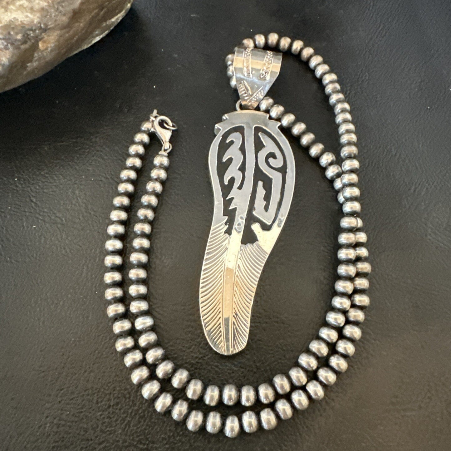 Mens Feather Navajo Sterling Silver Necklace Pendant 18578