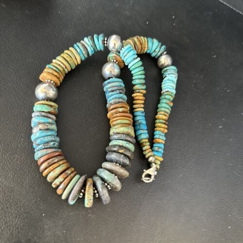 Navajo Blue Green Turquoise Bead Necklace Sterling Silver 20" 14239