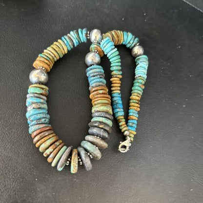 Navajo Blue Green Turquoise Bead Necklace Sterling Silver 20" 14239