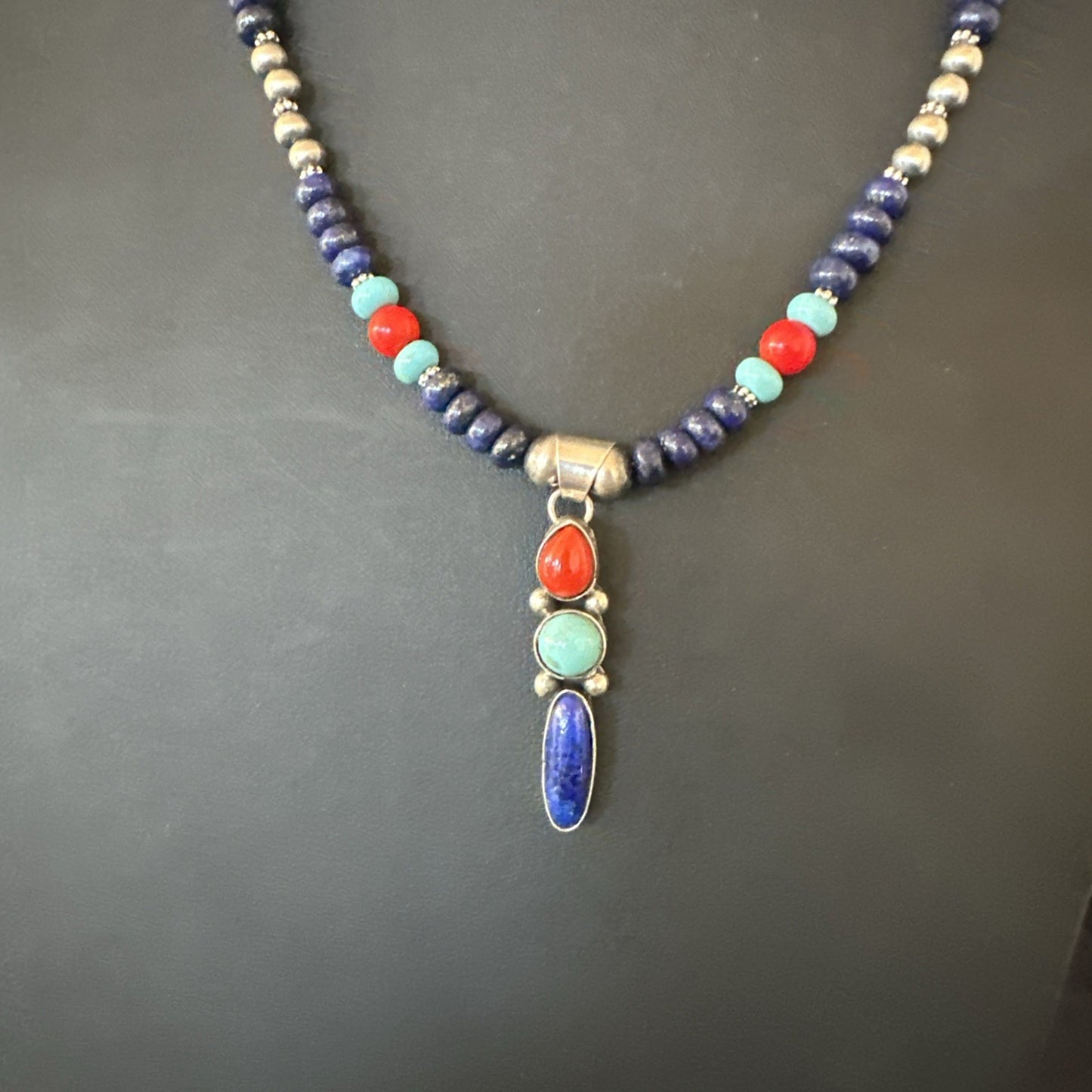 Multicolor Turquoise Spiny Navajo Sterling Silver Cluster Pendant Necklace 19647