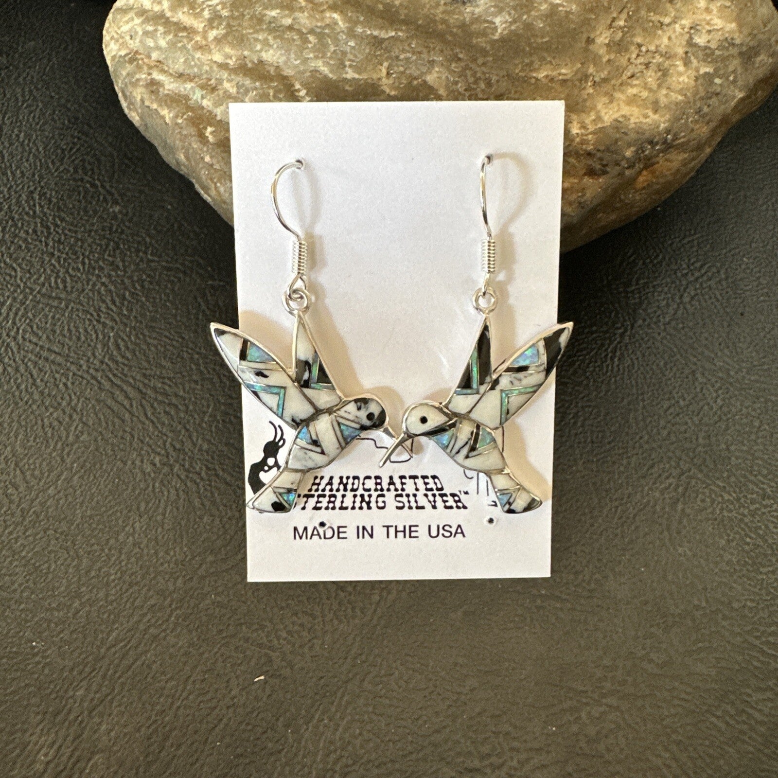White Buffalo Turquoise Opal Onyx Sterling Silver Hummingbird Earrings 18546