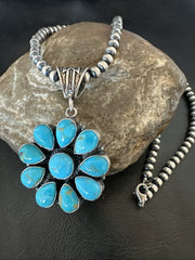 Blue Turquoise Navajo Cluster Round Pendant Necklace 2" | Sterling Silver | Authentic Native American Handmade | 19303