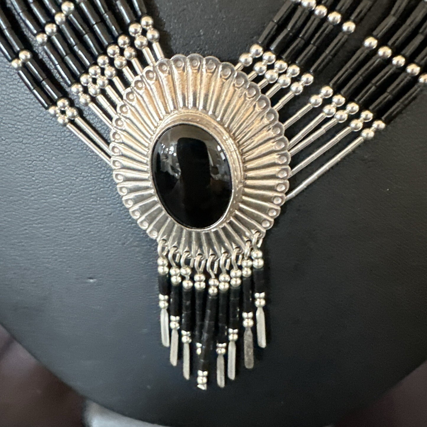 Black Onyx Liquid Silver 10S Heishi Tubes 19" Necklace Concho Pendant 17707