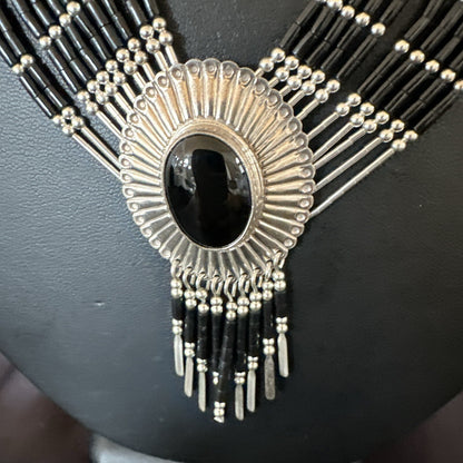 Black Onyx Liquid Silver 10S Heishi Tubes 19" Necklace Concho Pendant 17707