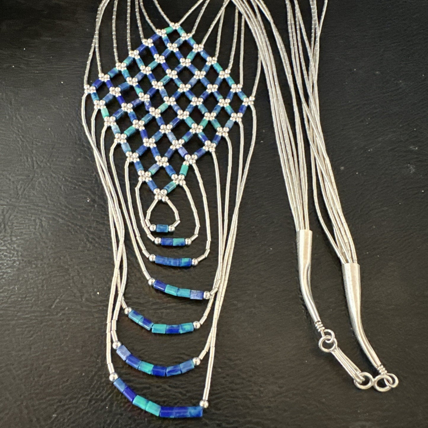 Azurite Heishi Tubes Pendant 7 Strand Liquid Sterling Silver Necklace 19751