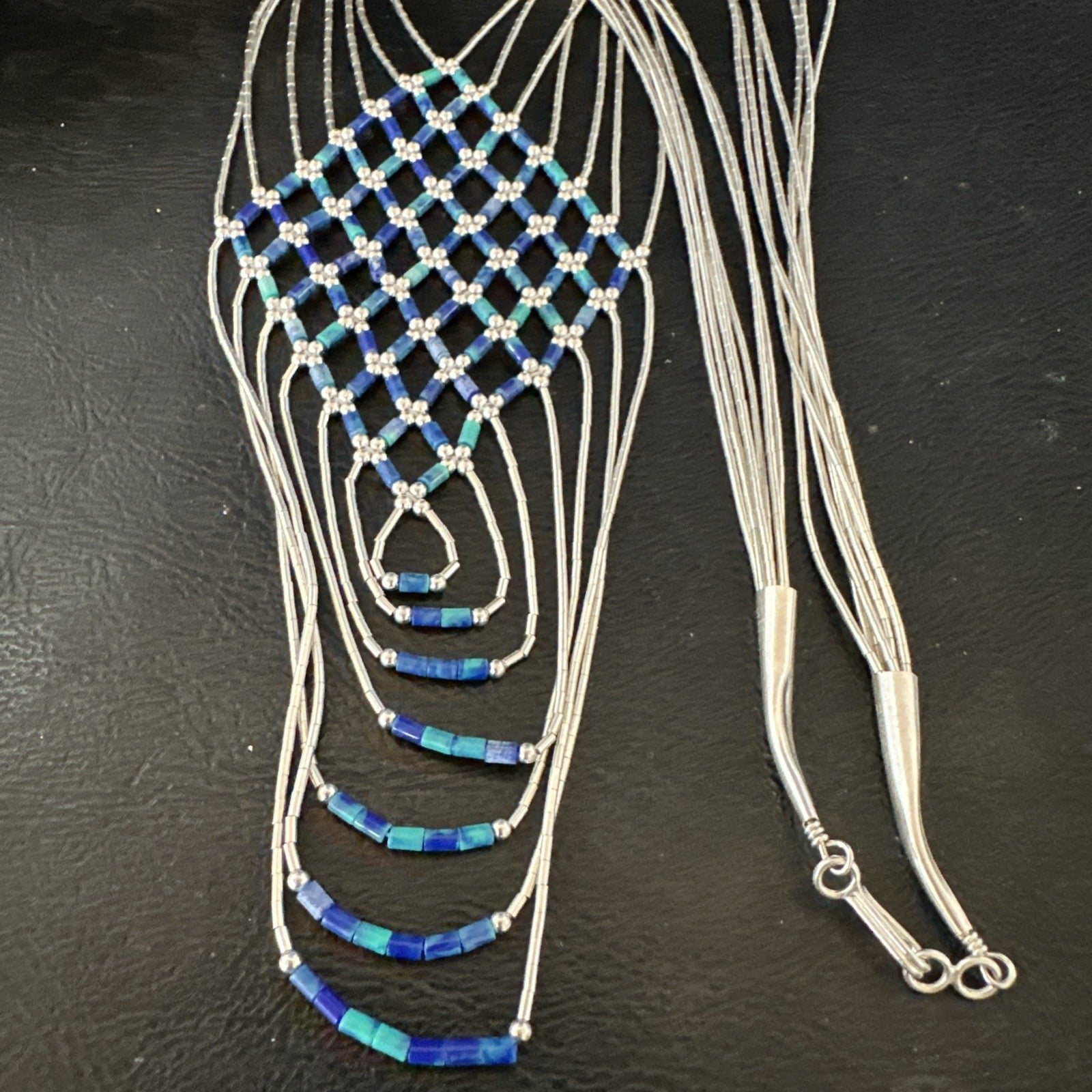 Azurite Heishi Tubes Pendant 7 Strand Liquid Sterling Silver Necklace 19751