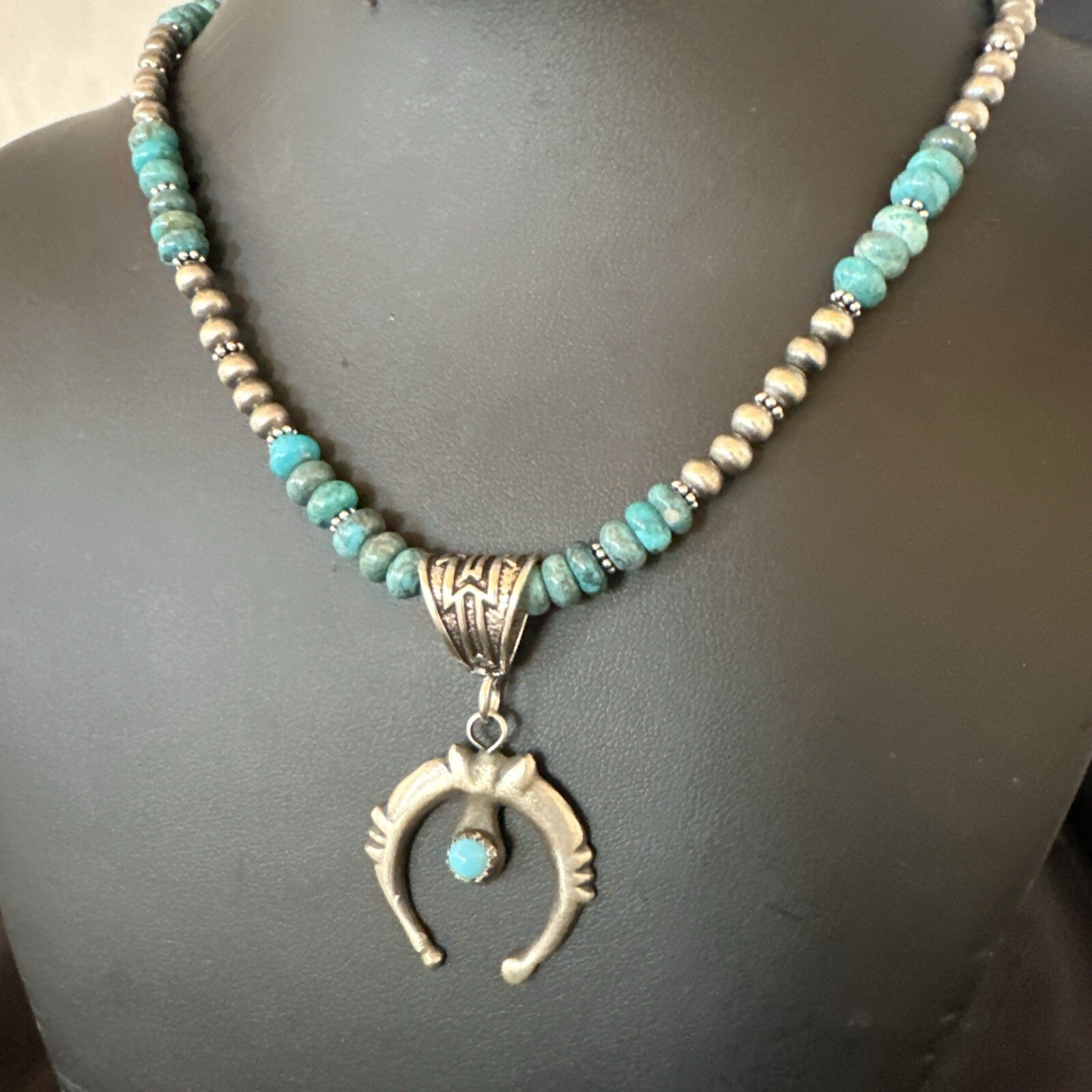 Blue Turquoise Naja Pendant 6mm Beads Navajo Sterling Silver Necklace 21" 18674