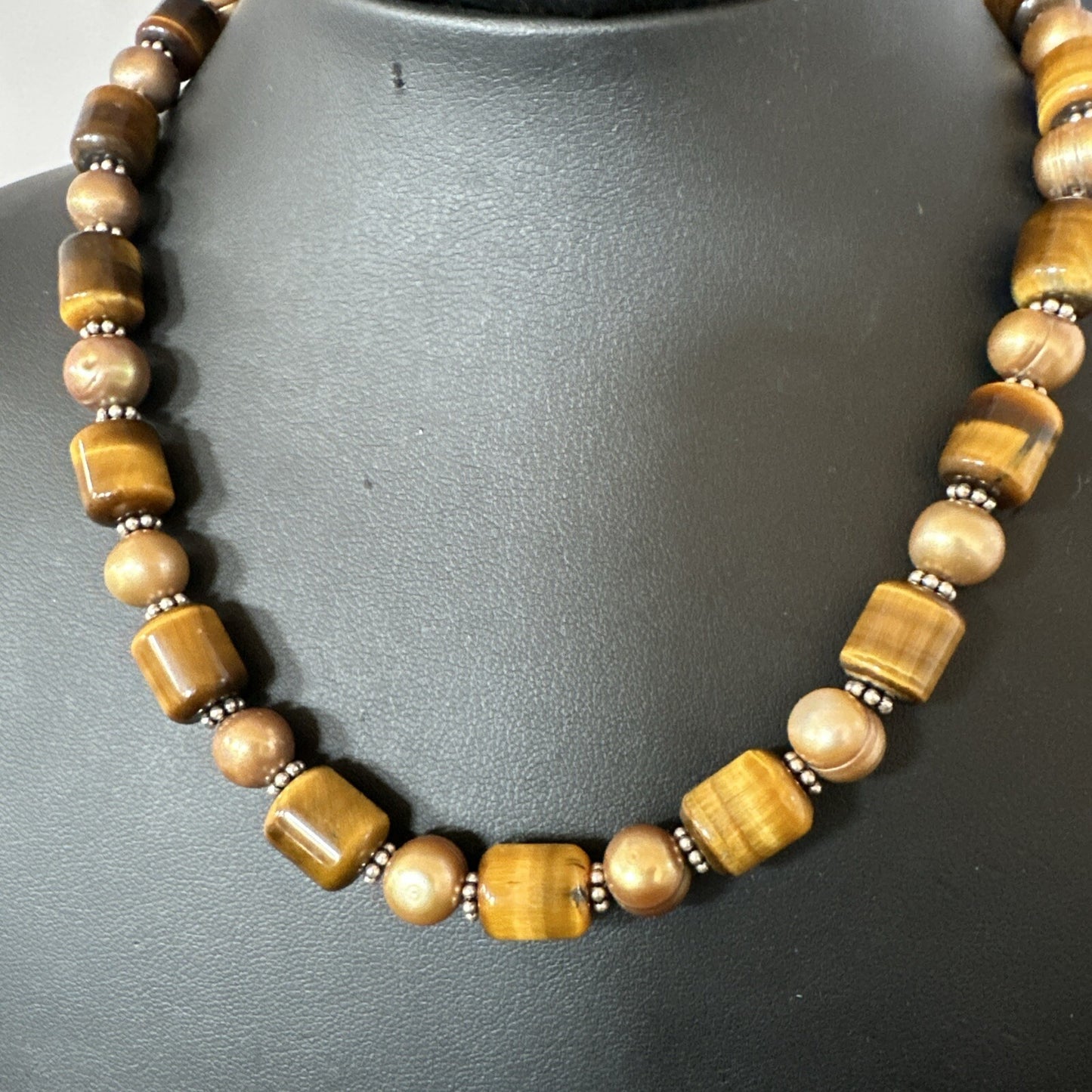 Coffee Tigers Eye Culture Pearl Sterling Silver Necklace Wrap Bracelet 17” 18737