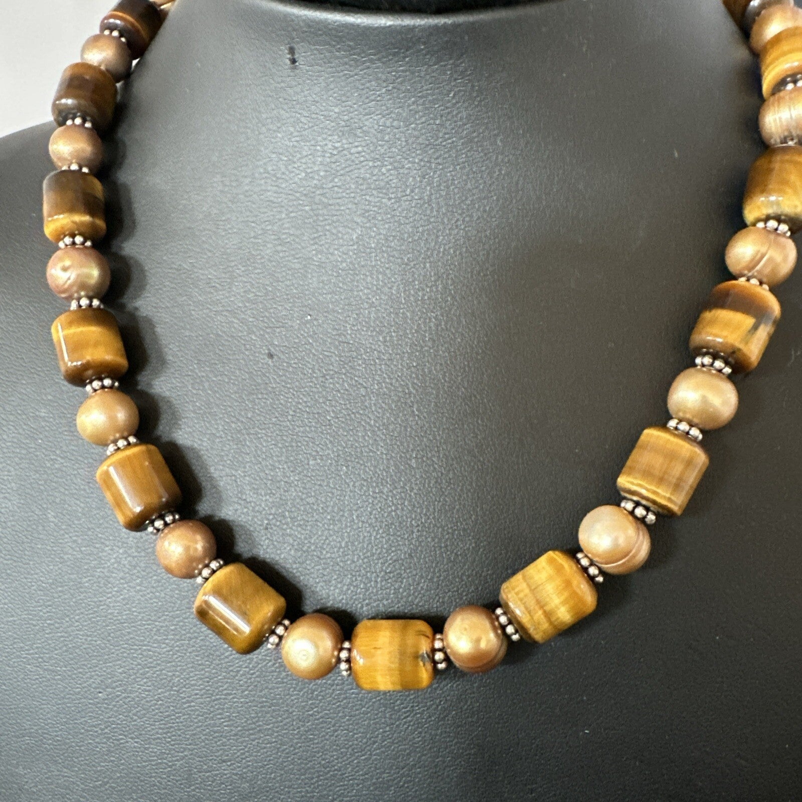 Coffee Tigers Eye Culture Pearl Sterling Silver Necklace Wrap Bracelet 17” 18737