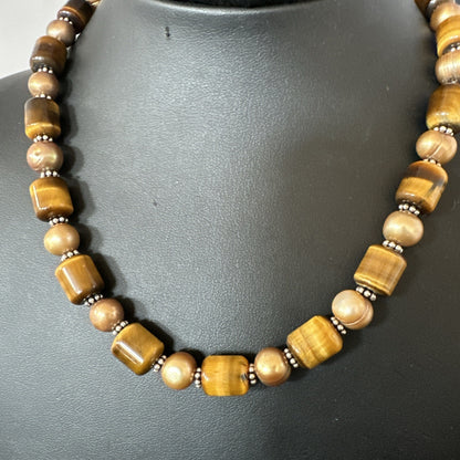 Coffee Tigers Eye Culture Pearl Sterling Silver Necklace Wrap Bracelet 17” 18737