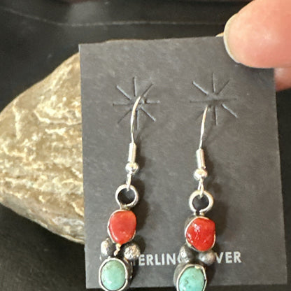 Handmade Blue Turquoise Red Coral Sterling Silver Navajo Dangle Earrings 18841