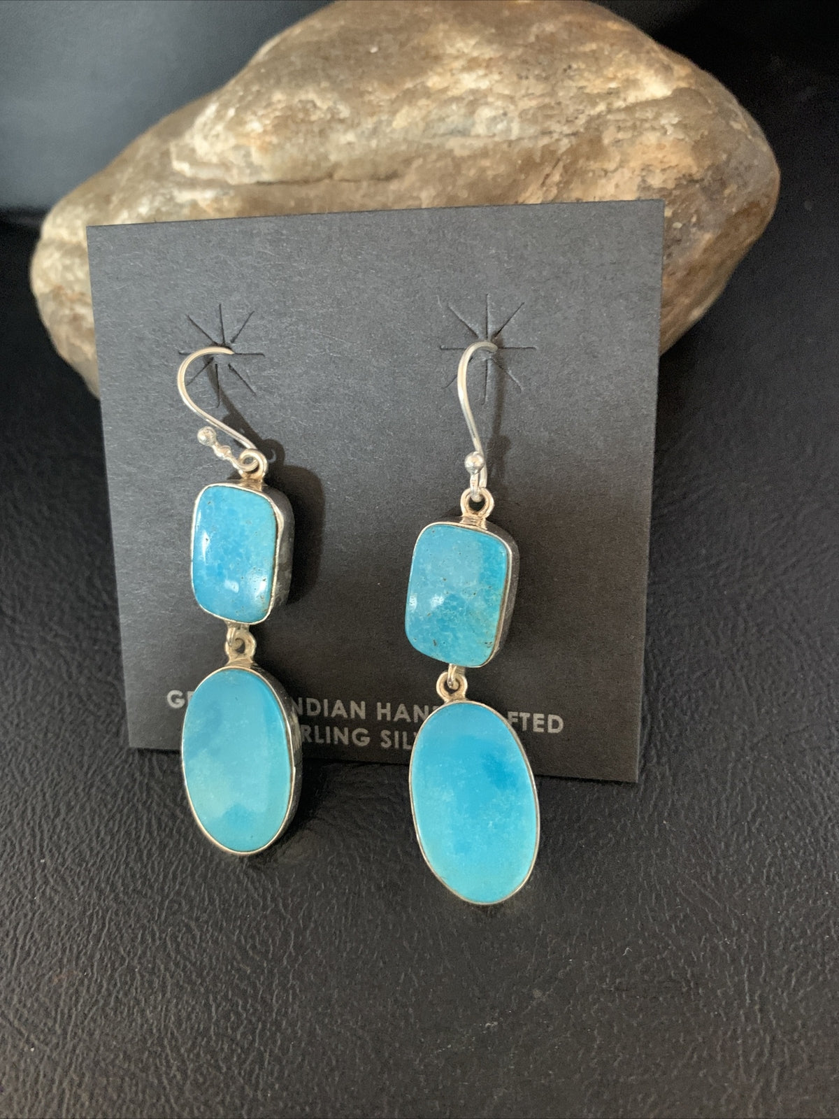 Blue Kingman Turquoise Navajo Sterling Silver Dangle Earrings 14079