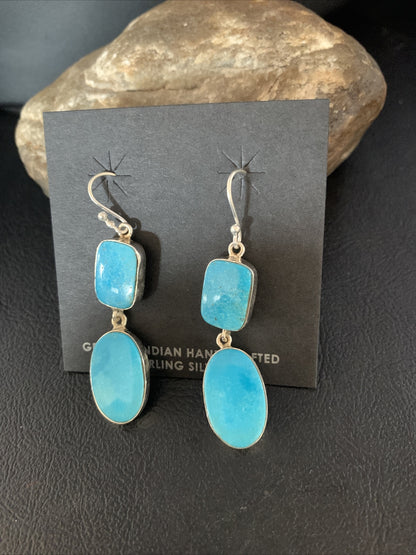 Blue Kingman Turquoise Navajo Sterling Silver Dangle Earrings 14079
