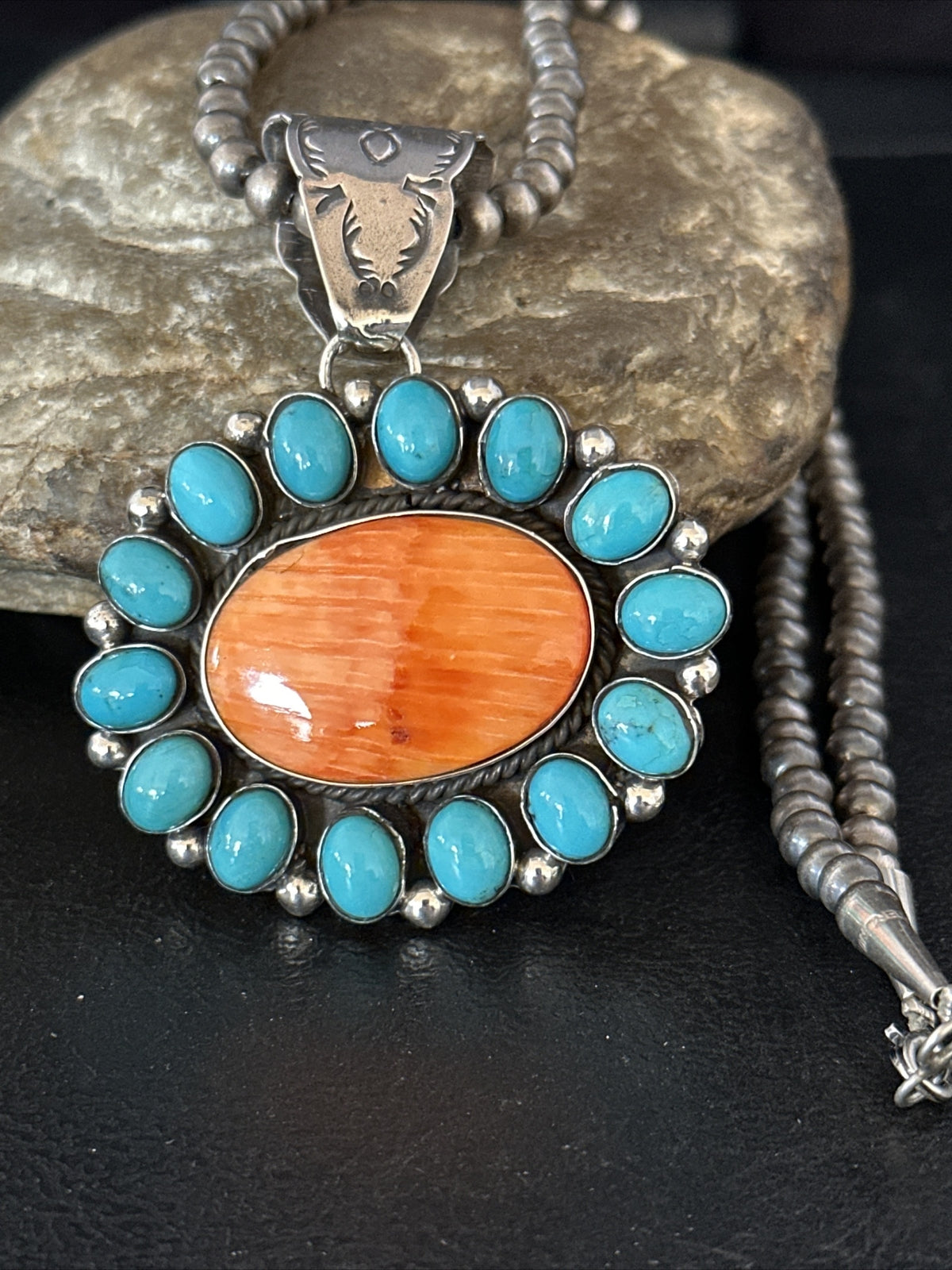 Kingman Turquoise & Spiny Oyster Cluster Pendant Sterling Silver Necklace 14277