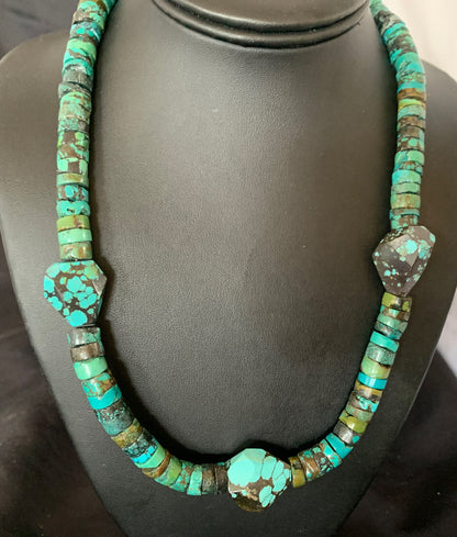 Men Chunky Spiderweb Turquoise Heishi Navajo Sterling Silver Necklace 21” 124506