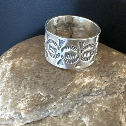 Mens Women Wedding Wide Band Navajo Stamped Sterling Silver Ring Size 10.5 17996
