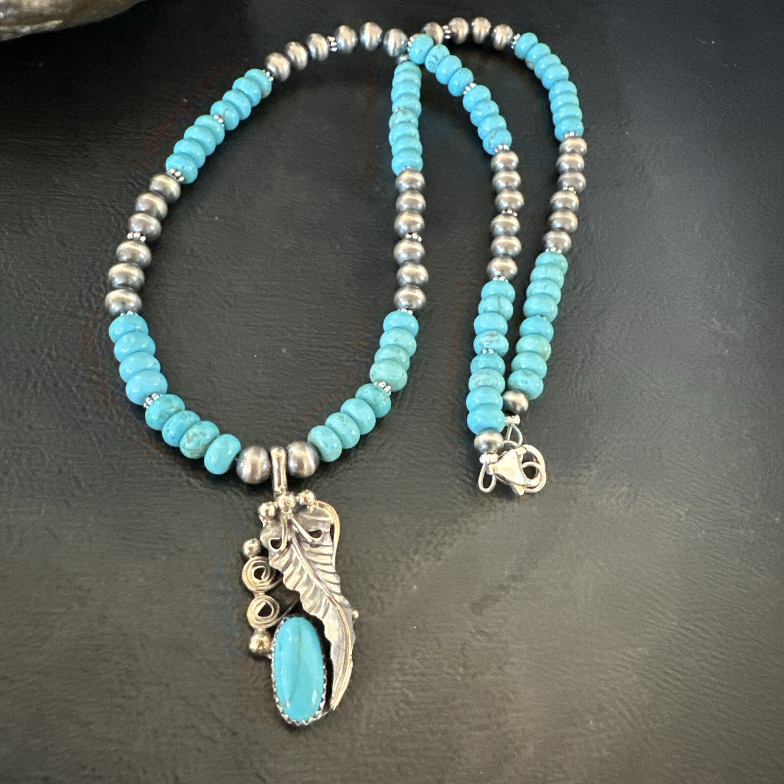 Mens Feather Turquoise Pendant Navajo Sterling Silver Necklace 18061