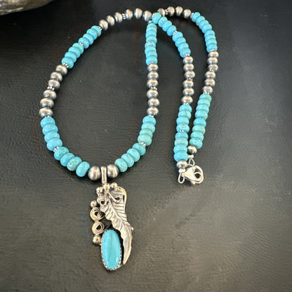 Mens Feather Turquoise Pendant Navajo Sterling Silver Necklace 18061