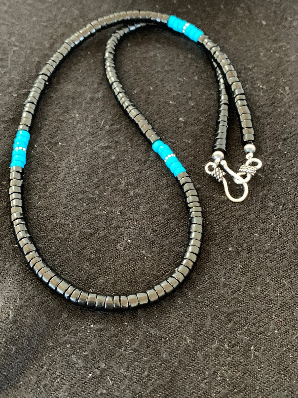 Native Mens Blue Turquoise Heishi Onyx Necklace Navajo Sterling Silver 8823