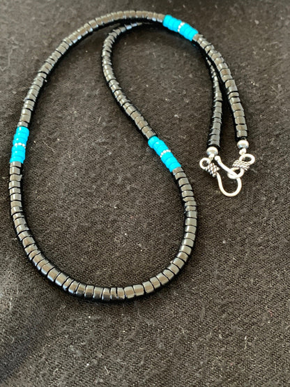 Native Mens Blue Turquoise Heishi Onyx Necklace Navajo Sterling Silver 8823
