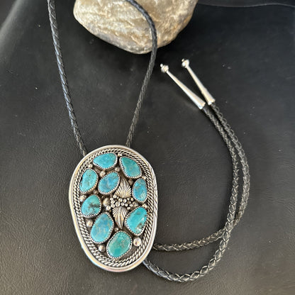 Mens Bolo Tie Cluster Blue Kingman Turquoise Sterling Silver Navajo 14522