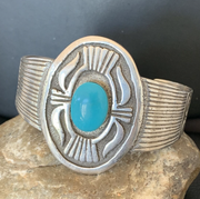Men's Blue Kingman Turquoise Navajo Cuff Bracelet | Sterling Silver | Authentic Native American Handmade | 1654