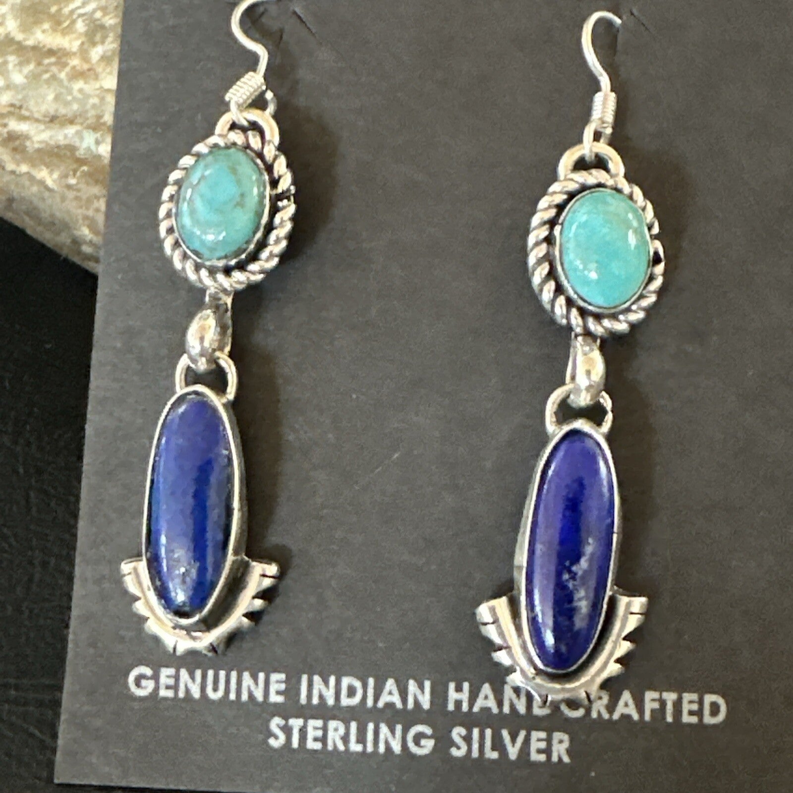 Navajo Turquoise Blue Lapis Sterling Silver Dangle Earrings 18186